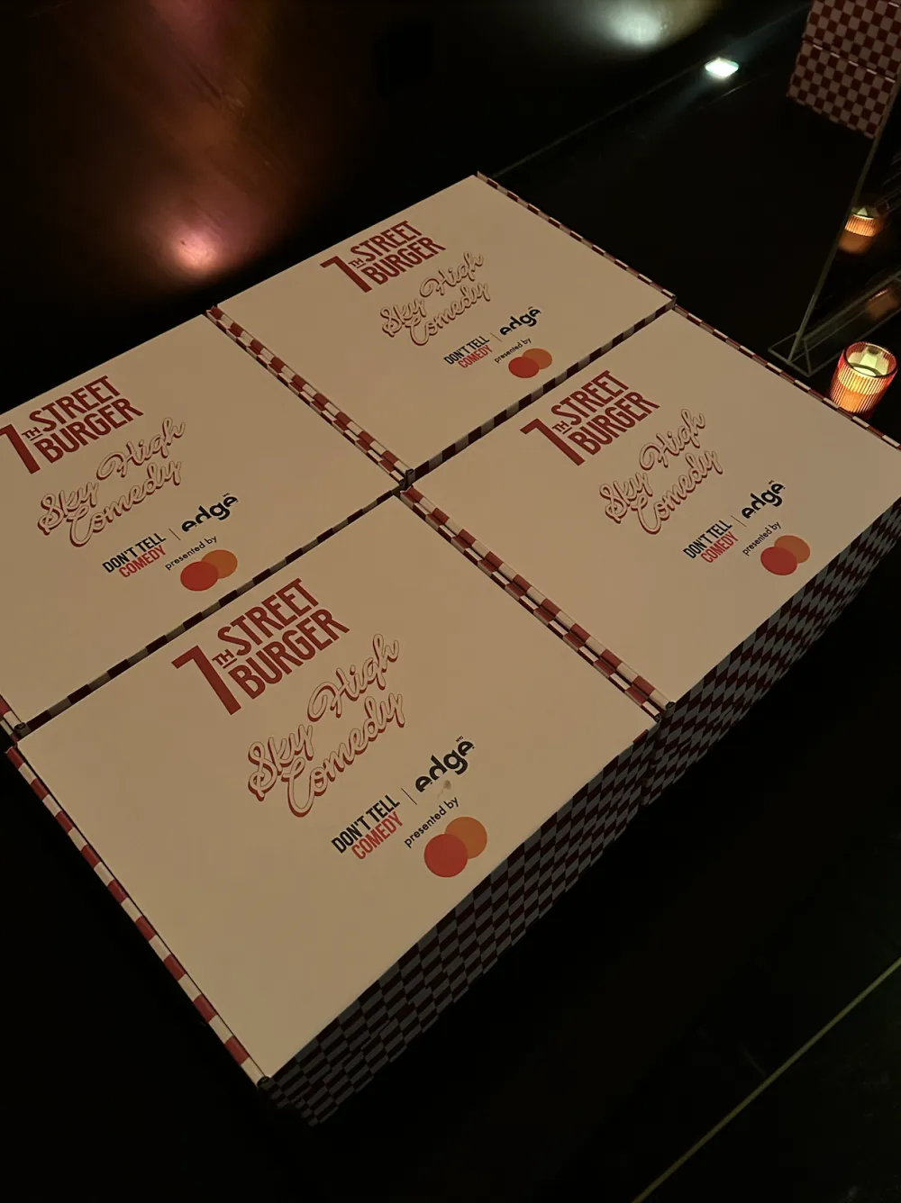 7th Street Burger event boxes prepared for the Sky High Comedy partnership event