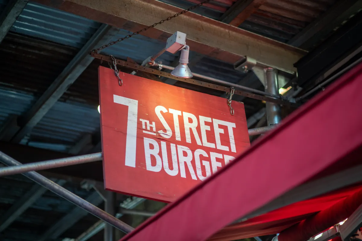 Original 7th Street burger location sign from below